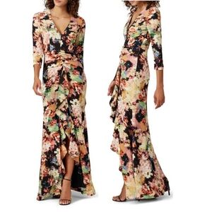Badgley Mischka Floral High-Low Gown in Black, Pink, Green, Yellow